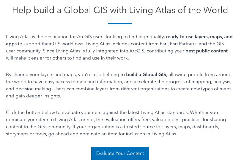 Screen capture of the "Nominate Your Content" button that starts the "Evaluate & Nominate" app in Living Atlas.